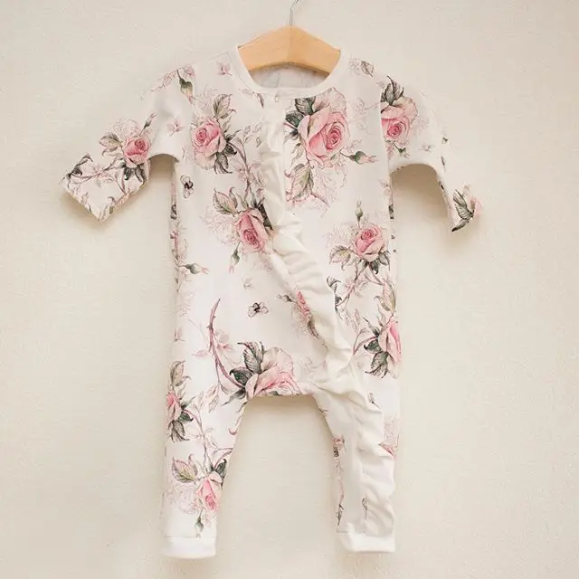 Infant Girls Romper Long Sleeve Flower Print Ruffle Jumpsuit Baby Casual  Clothes