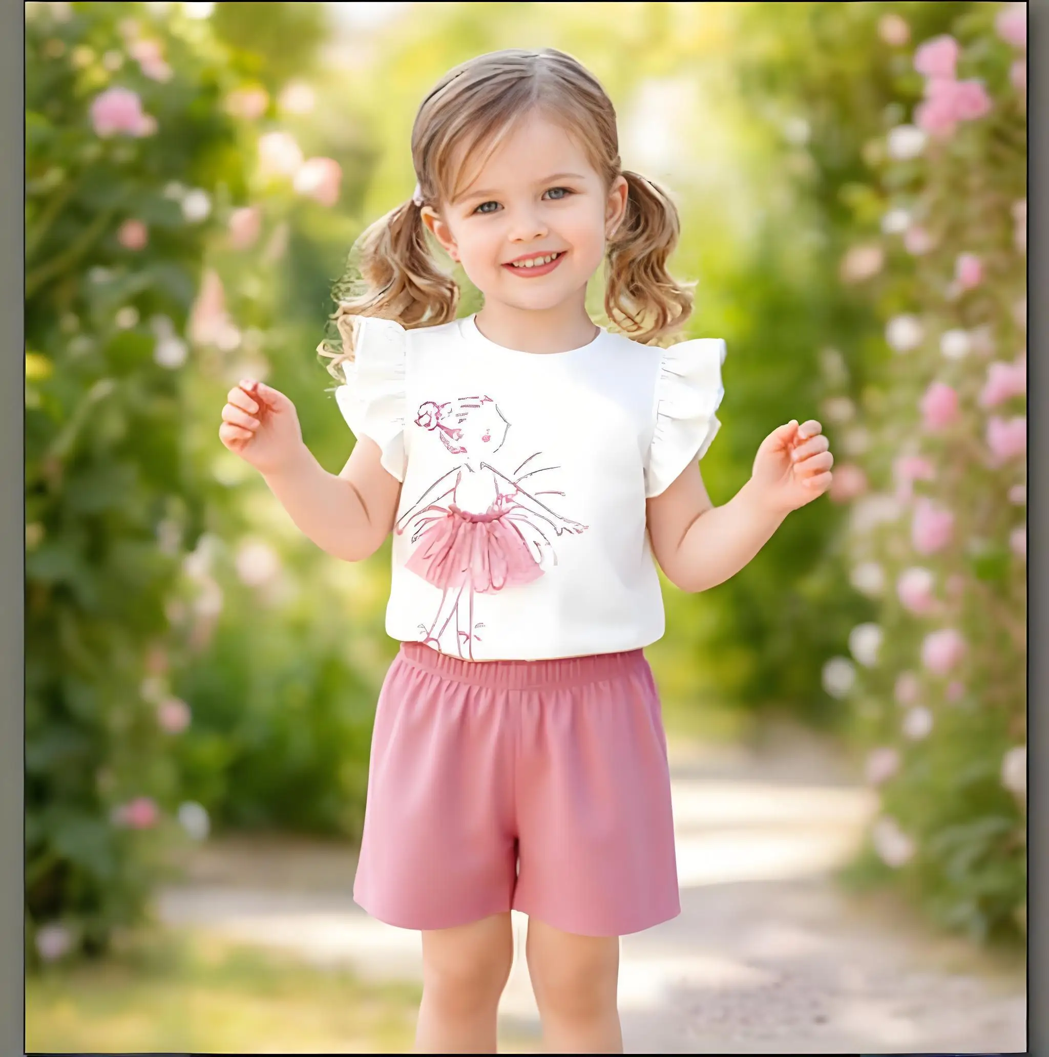 

Trendy Toddler Girls 2Pcs Summer Outfits Cute Ballerina Print Ruffle Sleeve T-Shirt+Pink Shorts Set Kids Casual Clothes 2-7Y