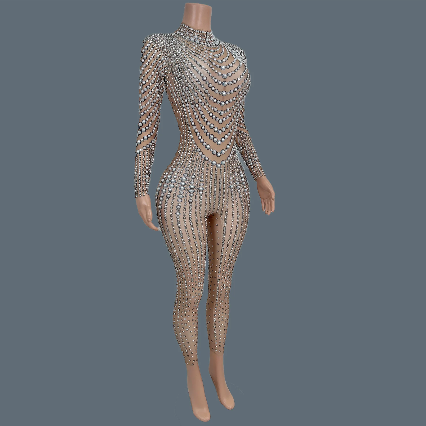 Spandex Elastic Pearls Tight Fitting Jumpsuit Nightclub Party Drag Queen Show Wear Carnival Bar Event Dance Outfit Zhenzhuwang