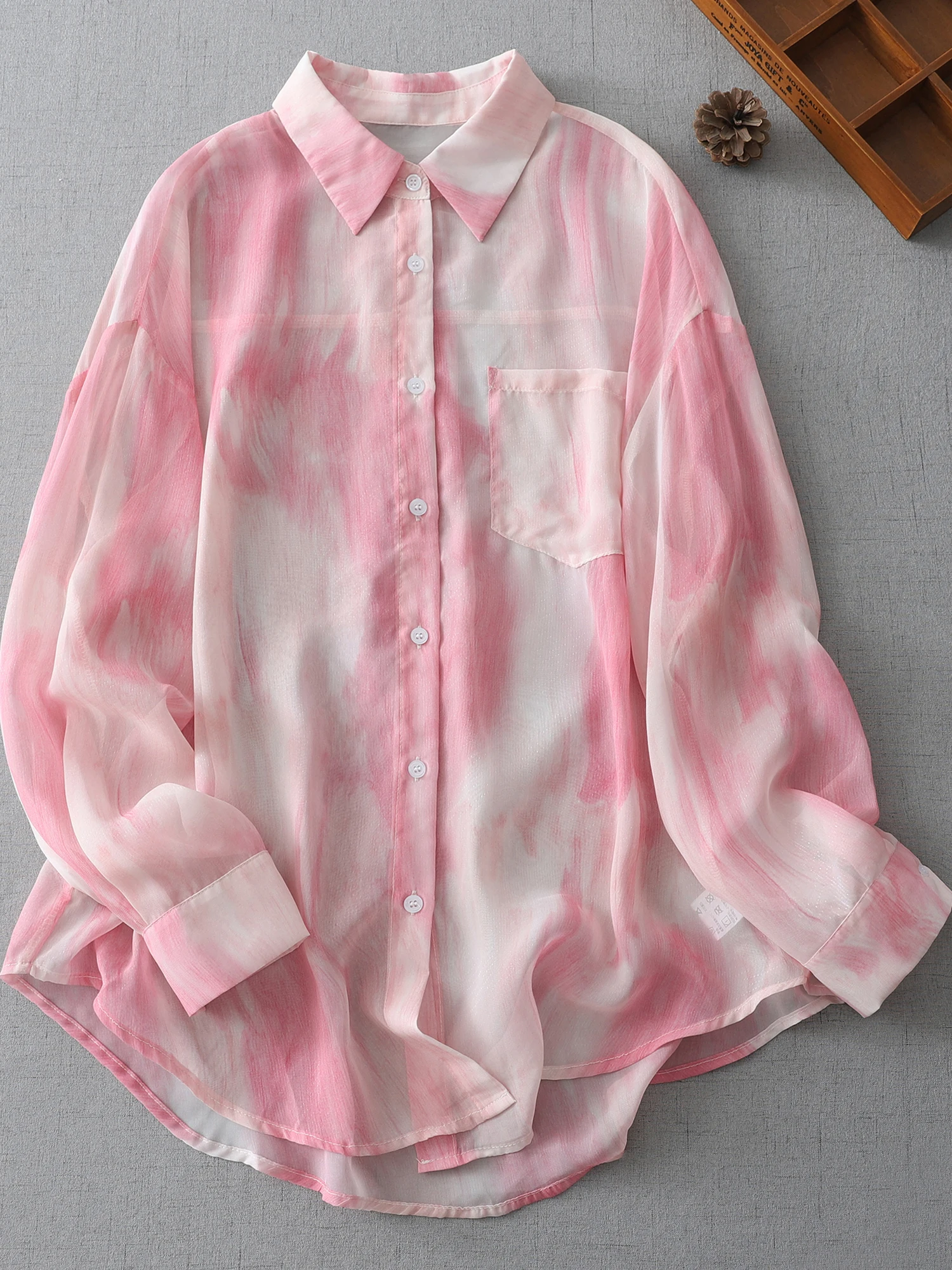 

Korean Sle Tie Dye Silk Women's Summer irt Lightweight Long Sve Sun Protection Loose Fit Button up Casual Top