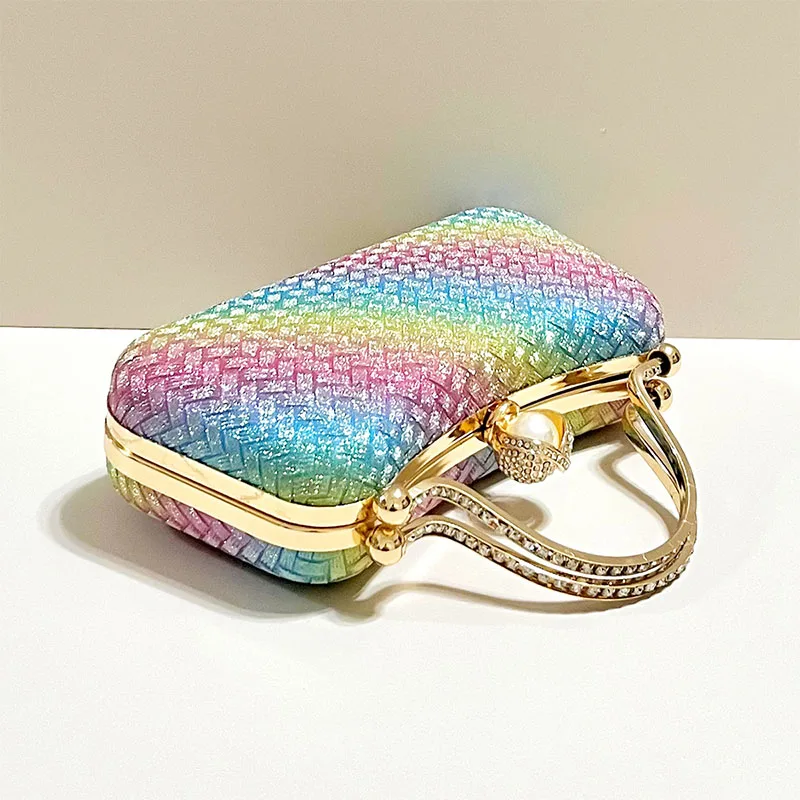 Women's Glitter Rainbow Evening Handbags Sparkly Sequins Weaving Wedding Party Clutch Bag Box Lady Shoulder Chain Top Handle Bag