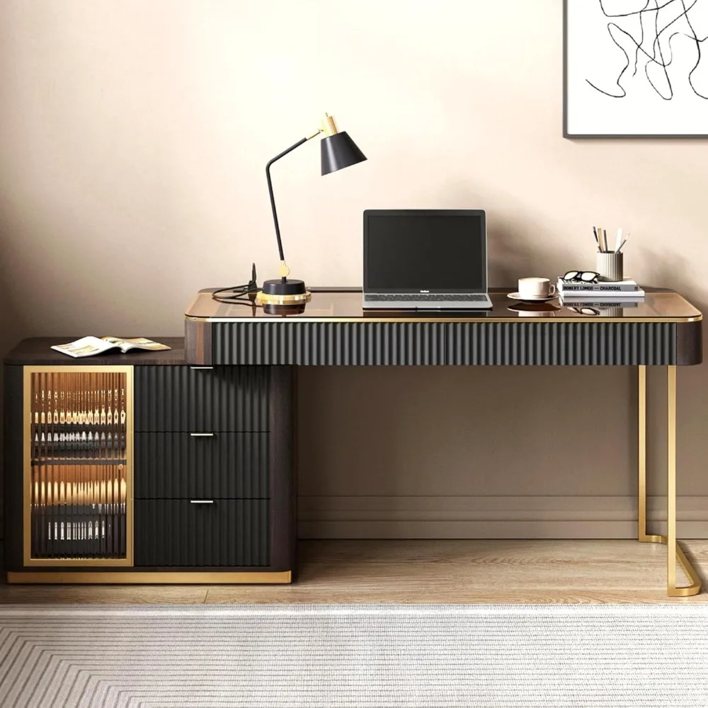 

Office Desk with Drawers Makeup Vanity Without Mirror Computer Desk with Printer Stand Built-in Outlet USB Port with Retr