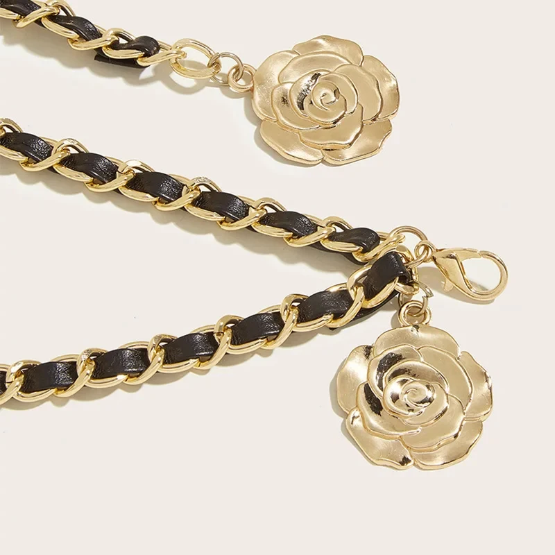 High Quality Metal Waist Chain Belts For Women Round Flower Pendant Chain Strap Rope Female Fine Waistband Dress Shirt Decoratio