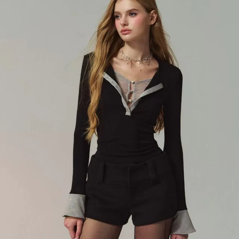 

Spring and Autumn American Retro Lace Fake Two-piece Spliced Slim Long Sleeve T-Shirt