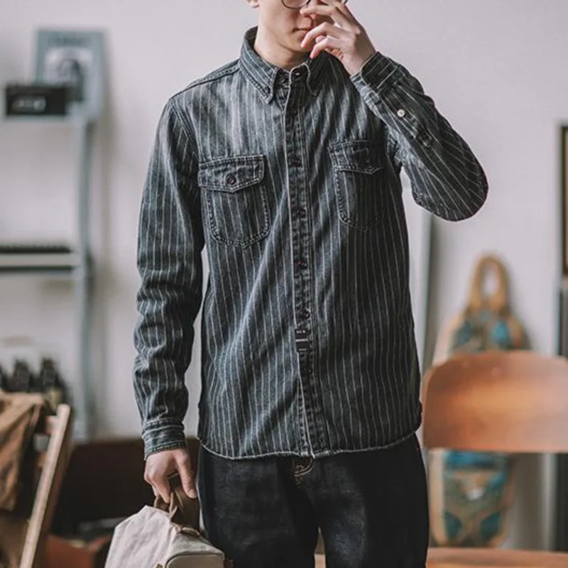 HKSH Spring New Men Tide American Vinatge Style Vertical Striped Denim Shirt Amekaji Workwear Washed Long Sleeve Ins Top HK23172