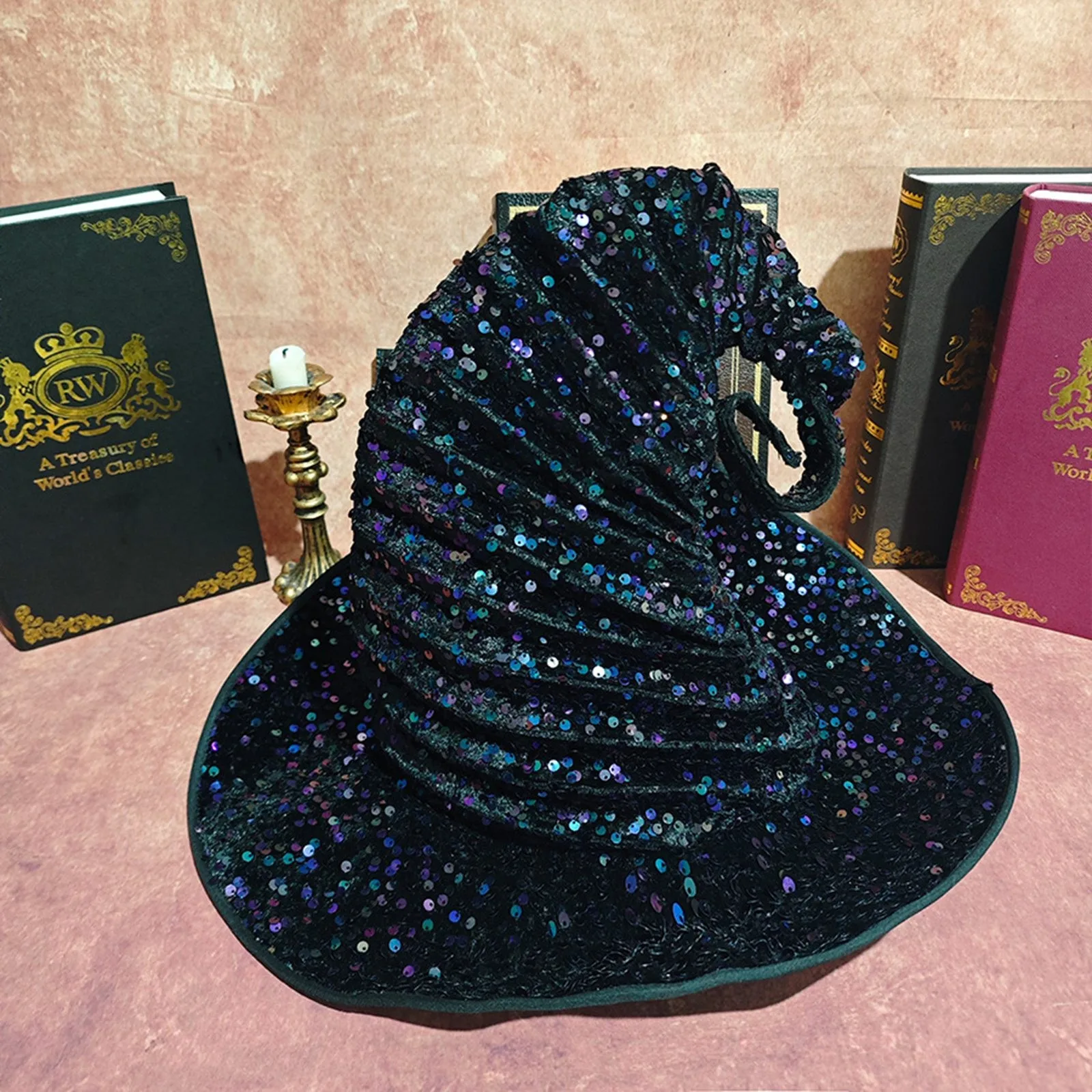 

Shiny Sequin Witch Hat Wide Brim Spire Knitted Cap for Halloween Party Creative Spire Design Witch Hat Personality Wizard Hat