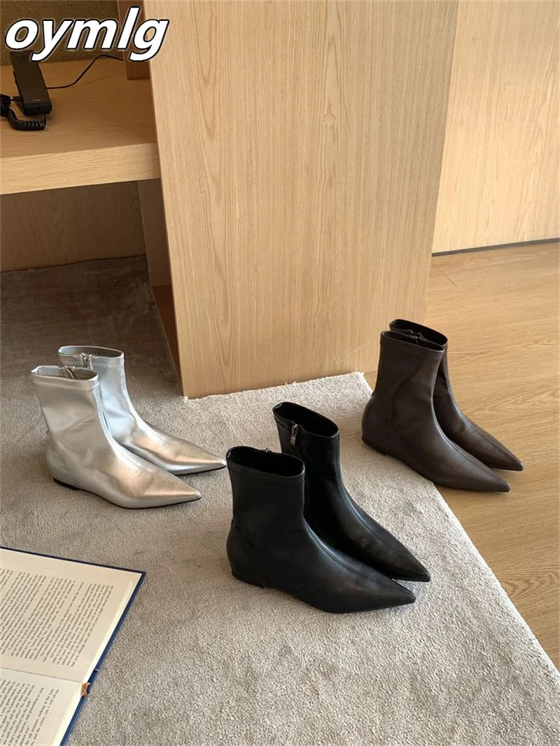 Sexy pointed side zipper inside height increasing short boots, 2024 autumn new silver fashion boots, soft leather slim boots