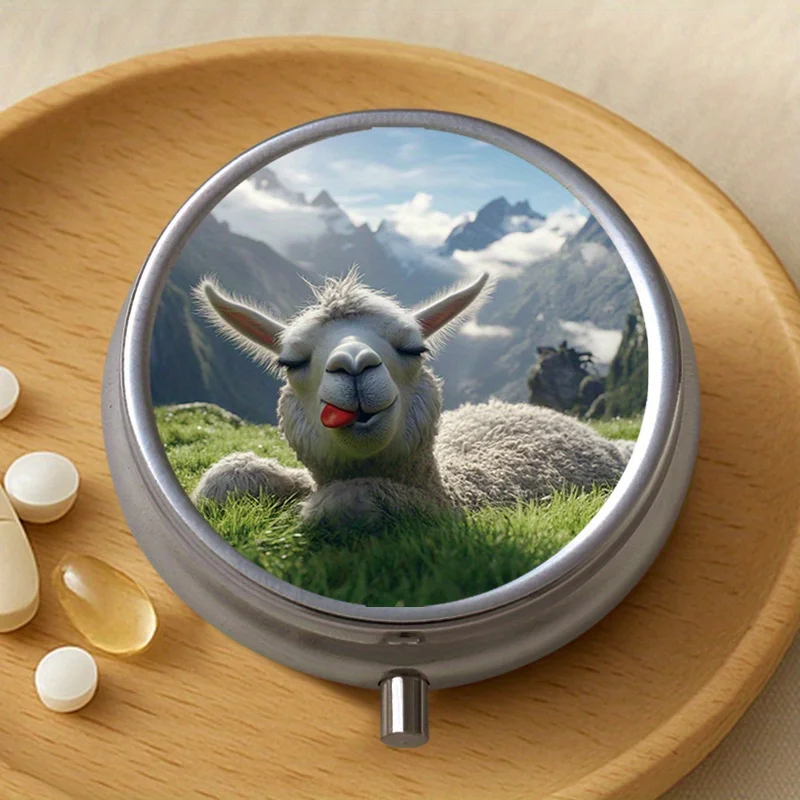 Alpaca 19 Printed Round Multifunctional Metal Box, Pill Box with 3 Compartments, Small Portable Travel Organizer, Suitable for Travel, Outdoor Fitness, Vitamin Storage, Multi-Compartment Storage Box, Small Gift Collection Box, Printed Position May Vary