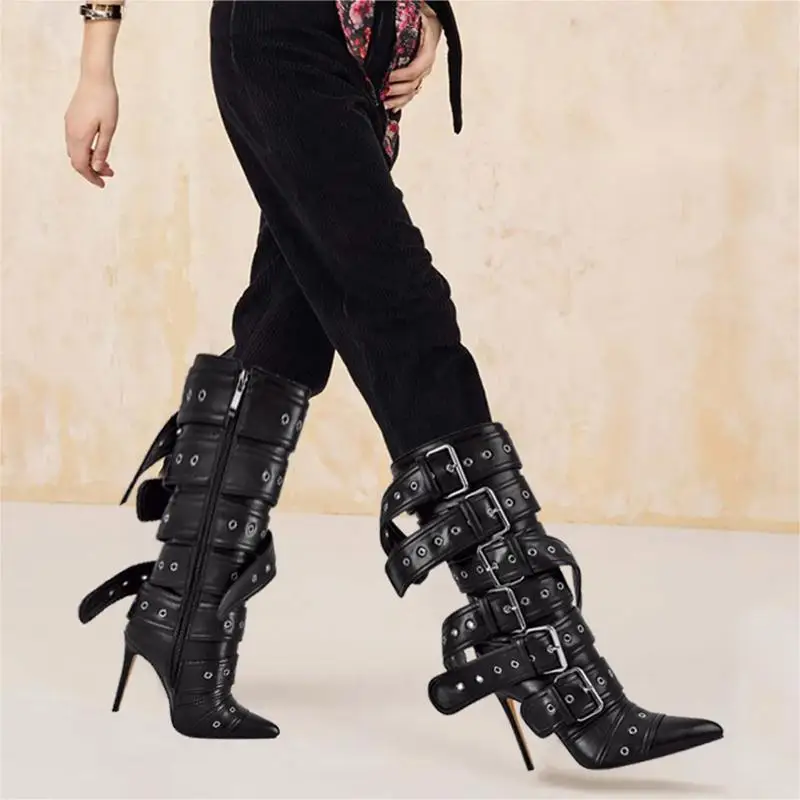 Onlymaker Women Pointed Toe Mid-Calf Boots Buckle Strap Thin High Heel Lady Zipper Female  Stiletto Boots