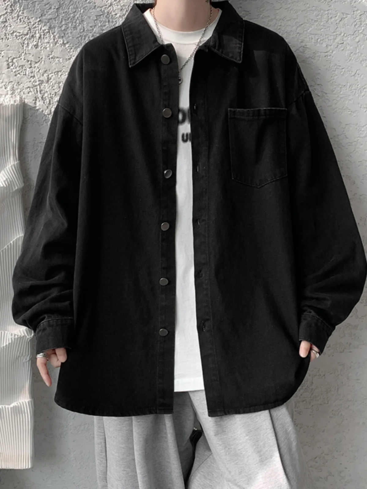 

plus Size Men's Denim irt Spring Autumn Long Sve Collared Outerwear Casual Wear Resistant Pure Color American Retro Sle