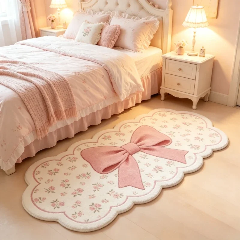 Girly Style Carpets for Living Room Pink Bow Bedroom Decor Carpet Irregular Shape Bedside Plush Rug Fluffy Soft Home Floor Mat