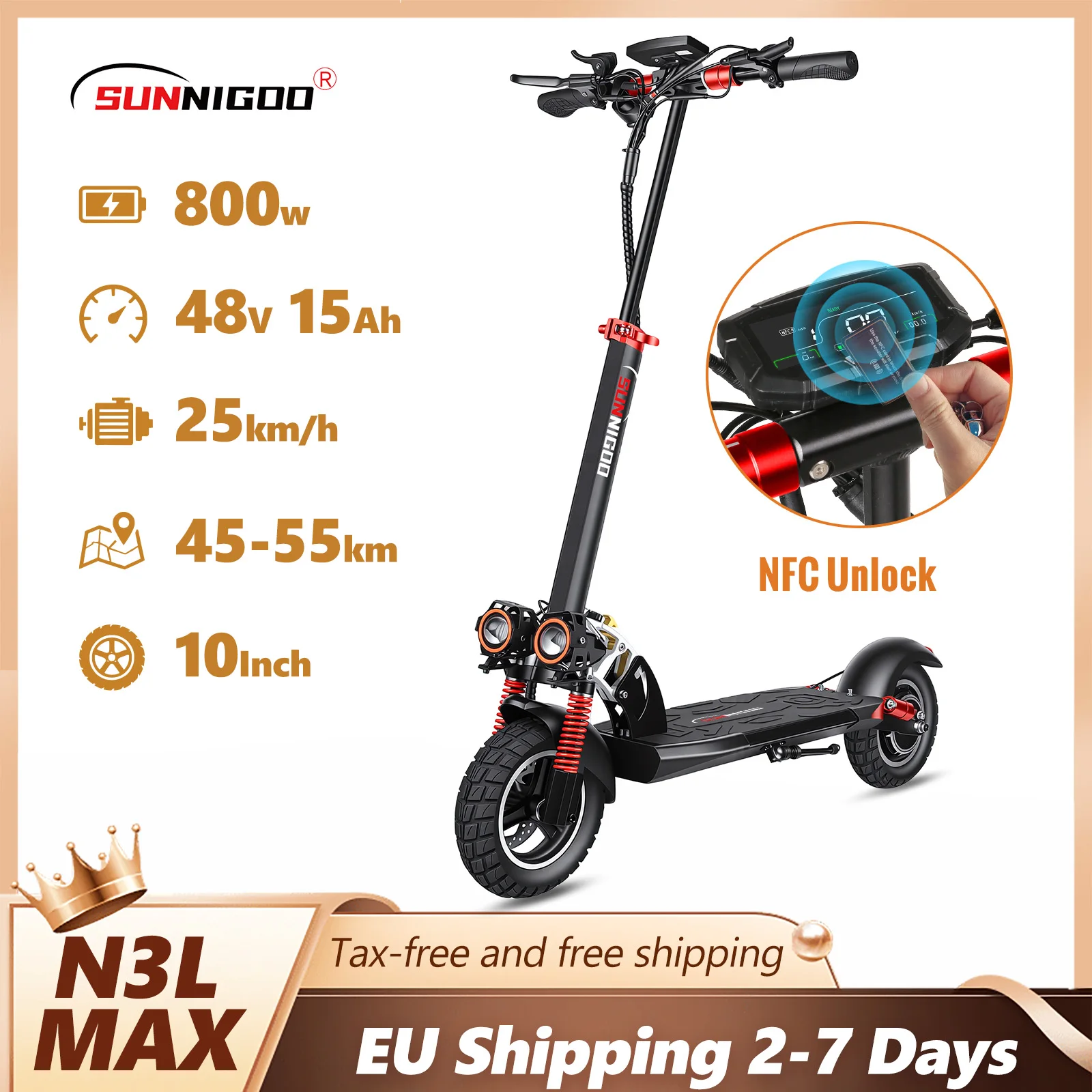 Trottinette électrique SUNNIGOO 800W pour adultes - Vitesse maximale de 25 km/h, autonomie de 45 à 55 km, pneus tout-terrain de 10 pouces, trottinette électrique pliable pour trajets quotidiens