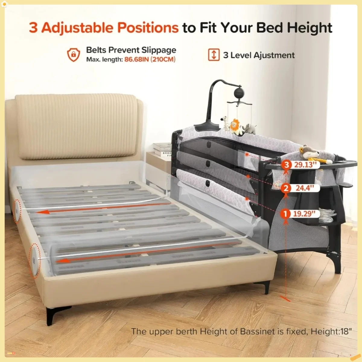Cabeceira larga 4 em 1 para berço de bebê com trocador de fraldas, berço longo ao lado da cama com colchão, lençol, música e capa blackout