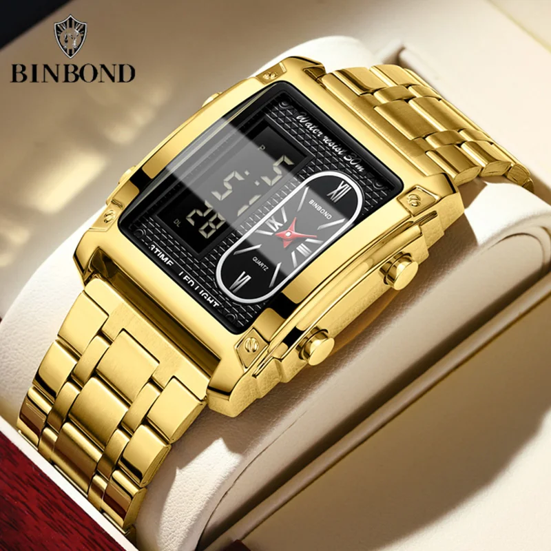 BINBOND Top Brand Luxury Watches for Men Fashion Quartz Wristwatch Square Gold Stainless Steel Business Clock Relogio Masculino