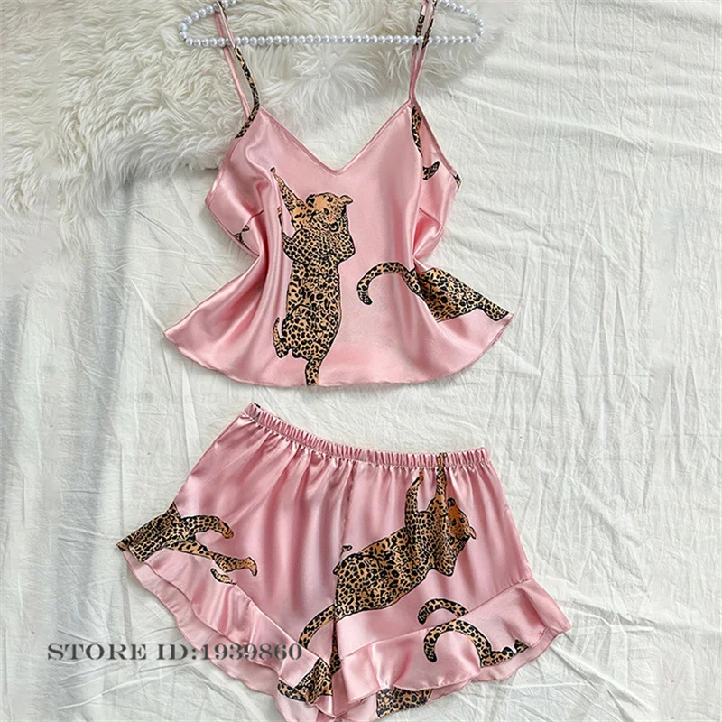 Summer Leopard Suspender Pajamas Set Sexy Lingerie Strap Top&shorts Pijamas Suit Silky Satin Homewear Lounge Wear Loose Pyjama