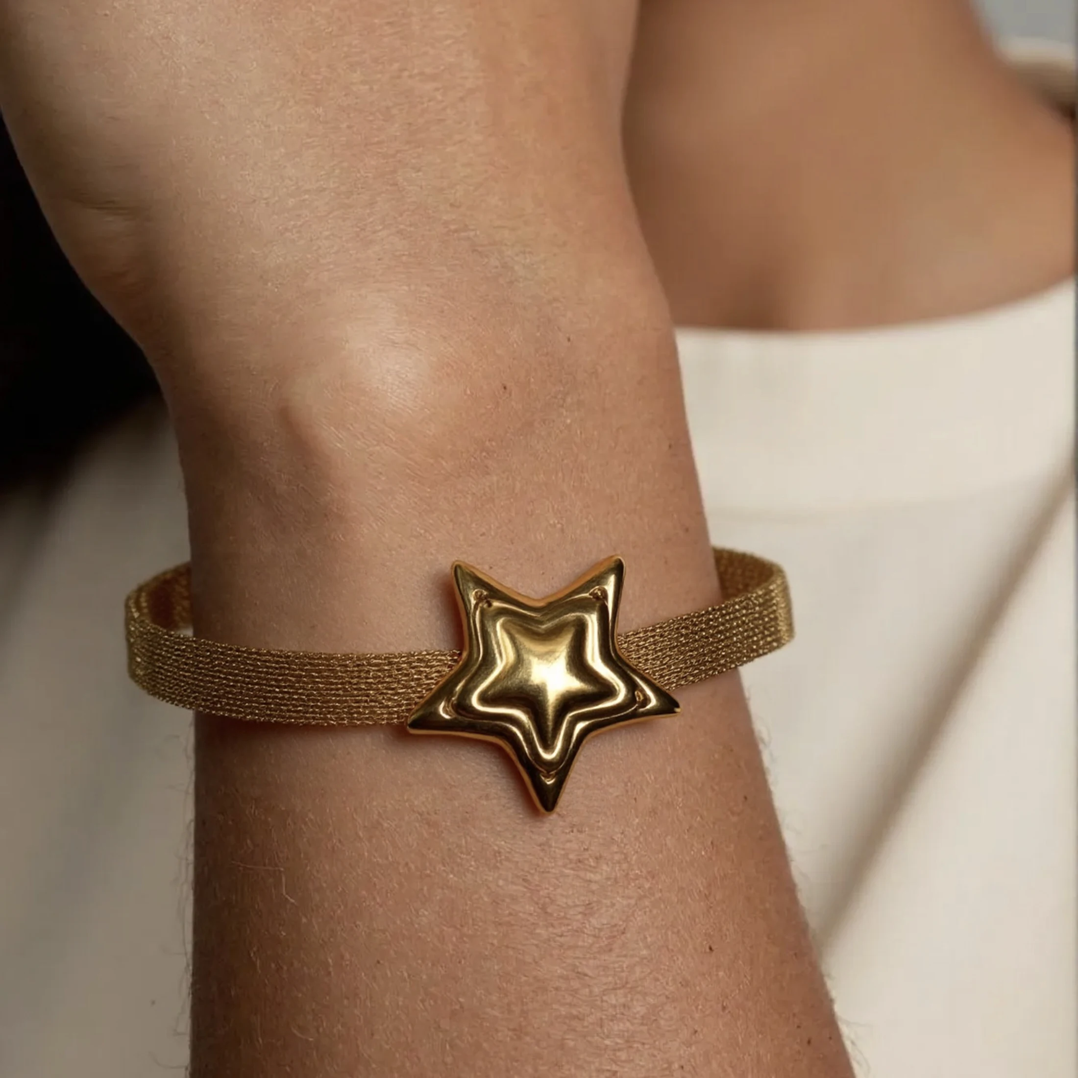 Golden Tone Stainless Steel Mesh Bracelet with 3D Star Charm for Women