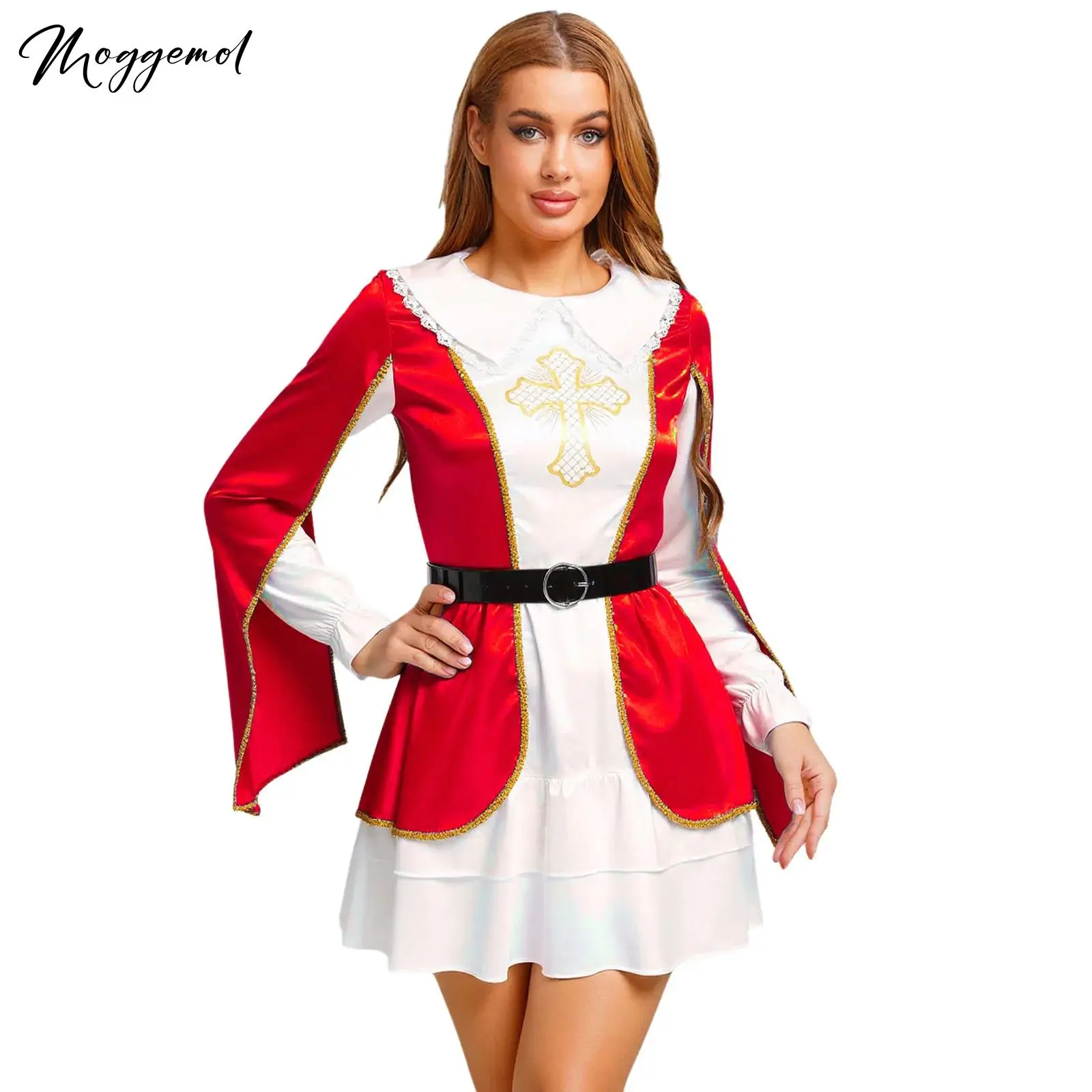 

Женское платье Musketeer для косплея с поясом на талии, сексуальное мини-платье с длинными рукавами и накладным многоуровневым подолом контрастного цвета на Хэллоуин