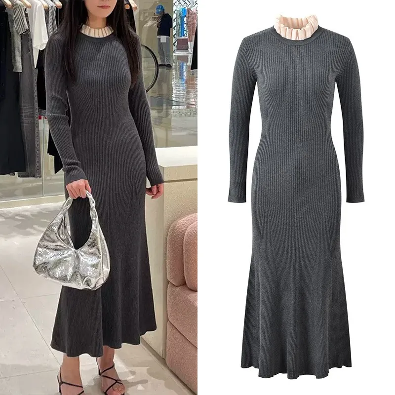 Stylish and elegant grey dress with wooden ear trim collar