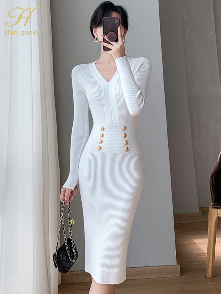 H Han Queen New Autumn Winter Thick Stretch Knitted Pencil Dresses Simple V-Neck Party Dress Fashion Buttons Bodycon Dress Women