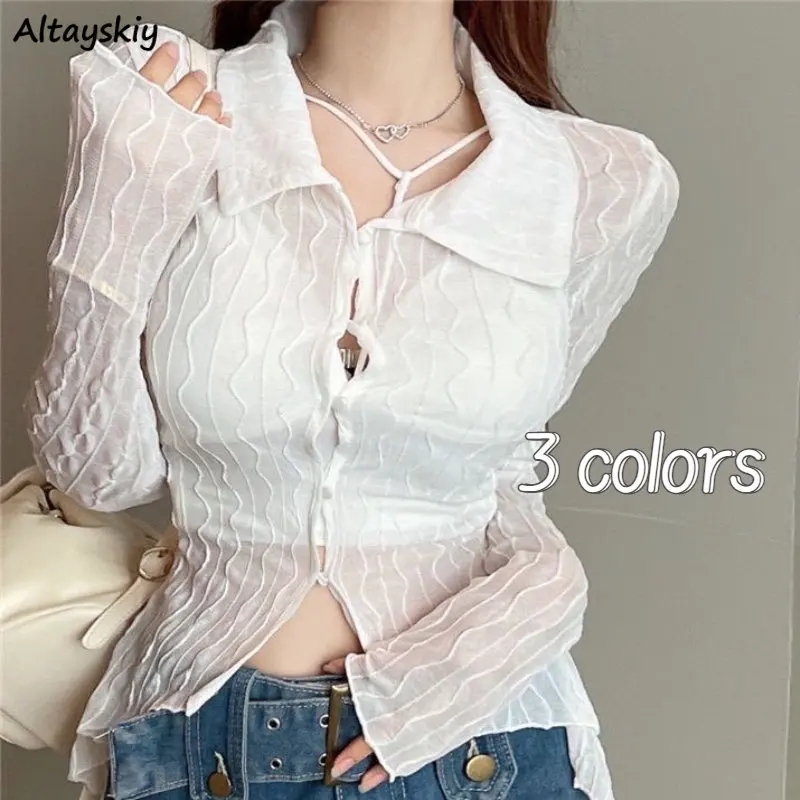 Sheer Shirts Women Sexy Sunscreen Thin See-through Skinny Crop Tops Fashion Chic Summer Breathable Casual Vintage Camisas Mujer