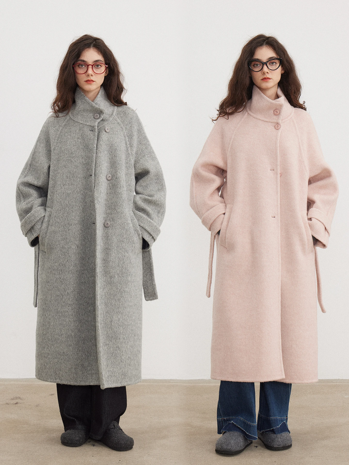 

Женское двустороннее шерстяное пальто Ele с воротником-стойкой, свободного кроя, осенне-зимнее, модное, с поясом