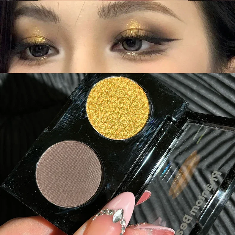 Zweifarbige Lake Blue Lidschatten-Palette, mattbraun, goldfarben, metallischer Glitzer, erhellt die Augen, Pigment-Make-up-Kosmetik