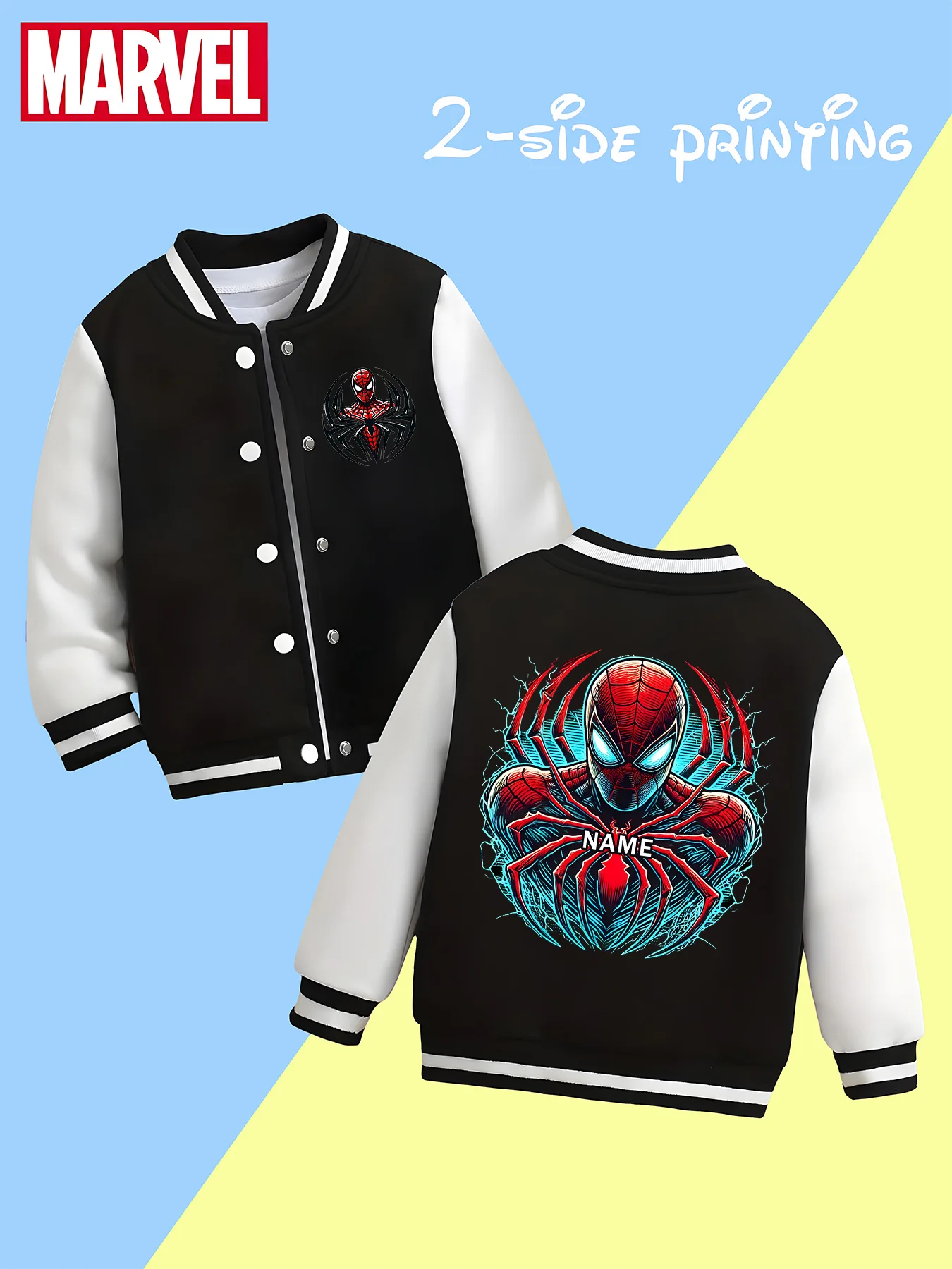 

MINISO Marvel boys' baseball jacket - Spider-Man glare special effect print, double-sided pattern cool and eye-catching, a must-
