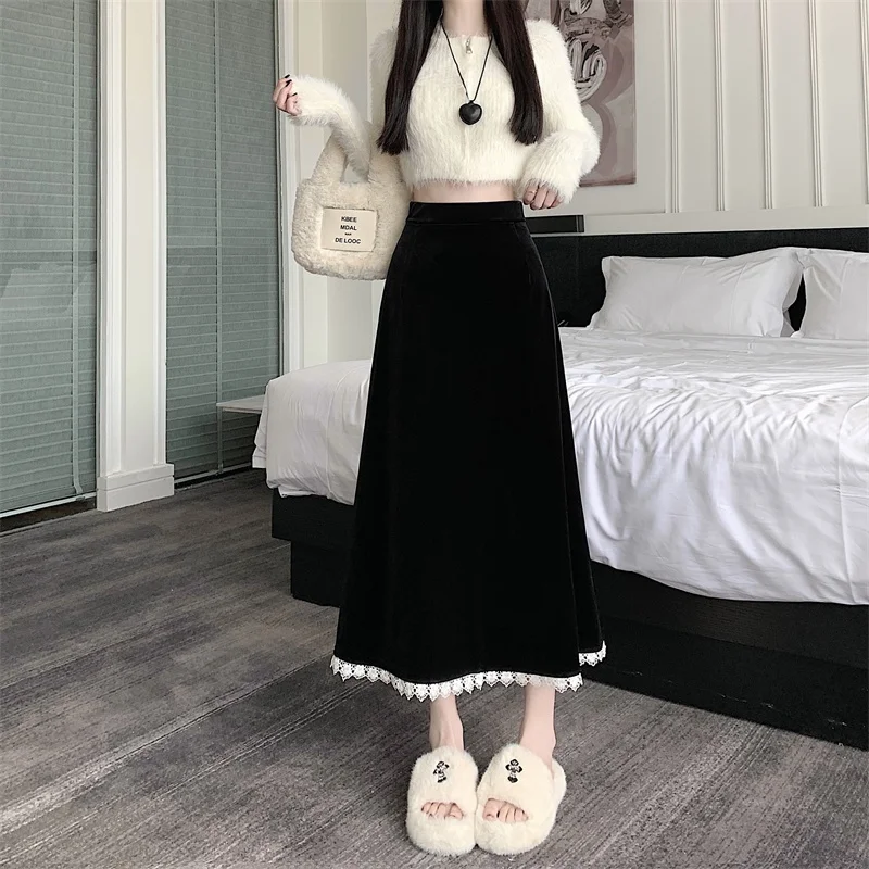 Elegant High Waist Velvet Lace Patchwork Midi Skirt Women's Autumn Winter New Style A-Line Long Skirt Polyester Fiber Pure Color