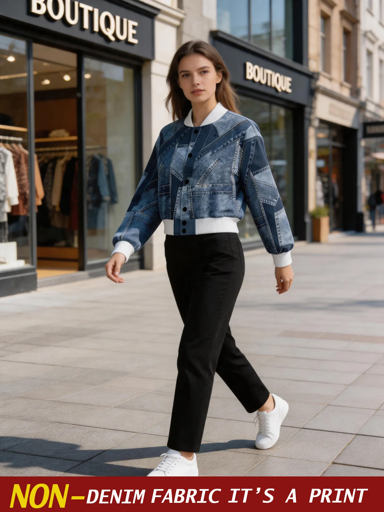 2026 new denim printed women's baseball jacket, women's slim fit top, autumn and winter baseball jacket