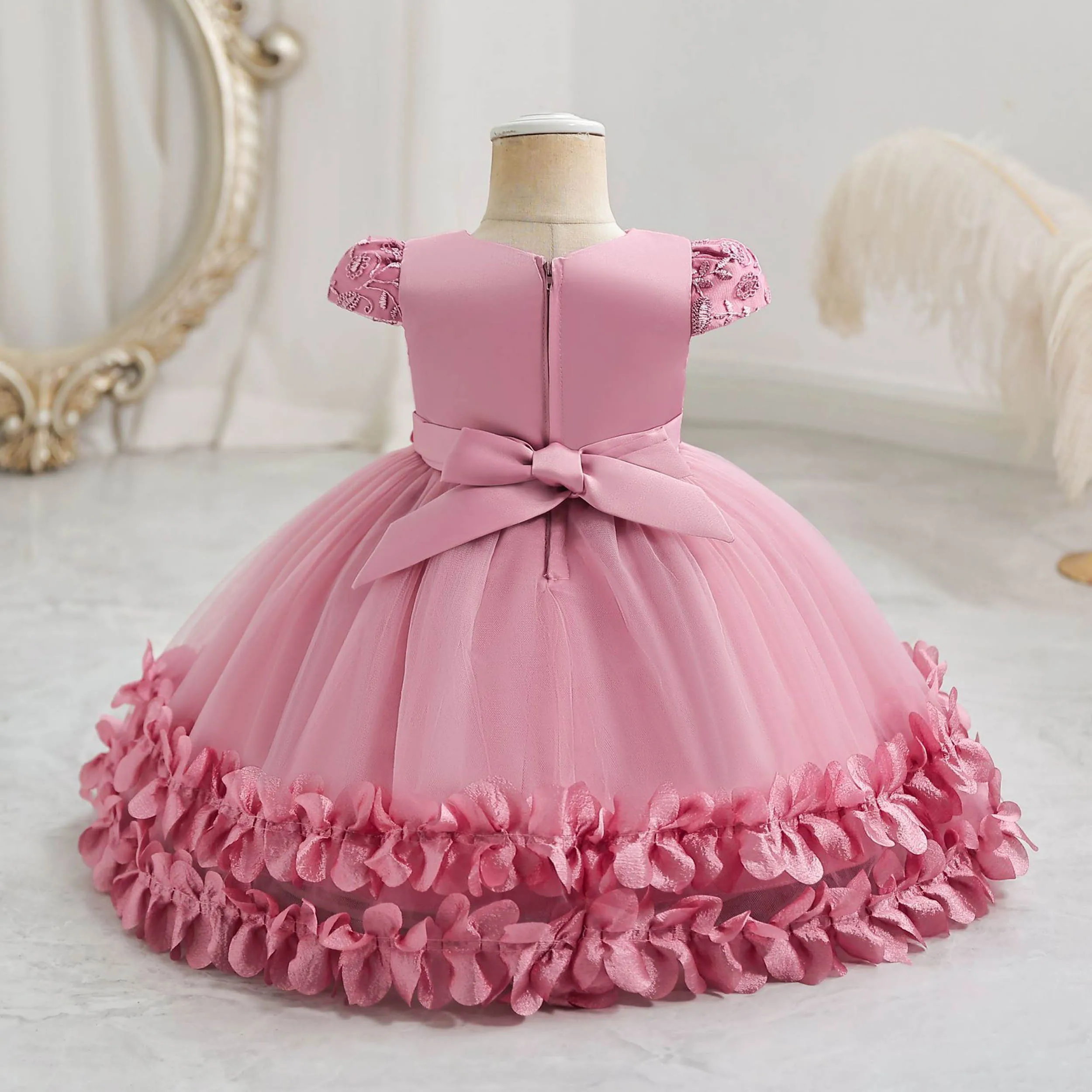 Baby Little Girls Flower Girl Dress Toddler Cap Sleeves Beaded Birthday Party Pageant Dress TT085