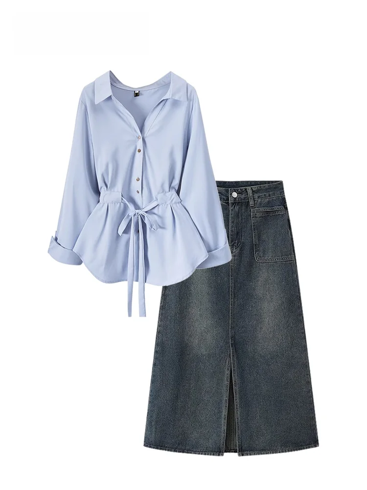 

plus Size Ne Long Sve irt And High Waist Denim Skirt Set for plus Size Women Spring Season Casual Wear