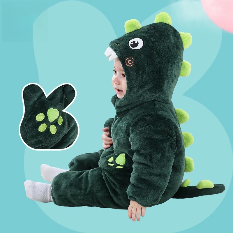 Kigurumi Winter Baby Clothes Cute Dinosaur Onesie Thicken Romper Hooded Zipper Jumpsuit Pajamas Infant Boy Girl Overall Costume
