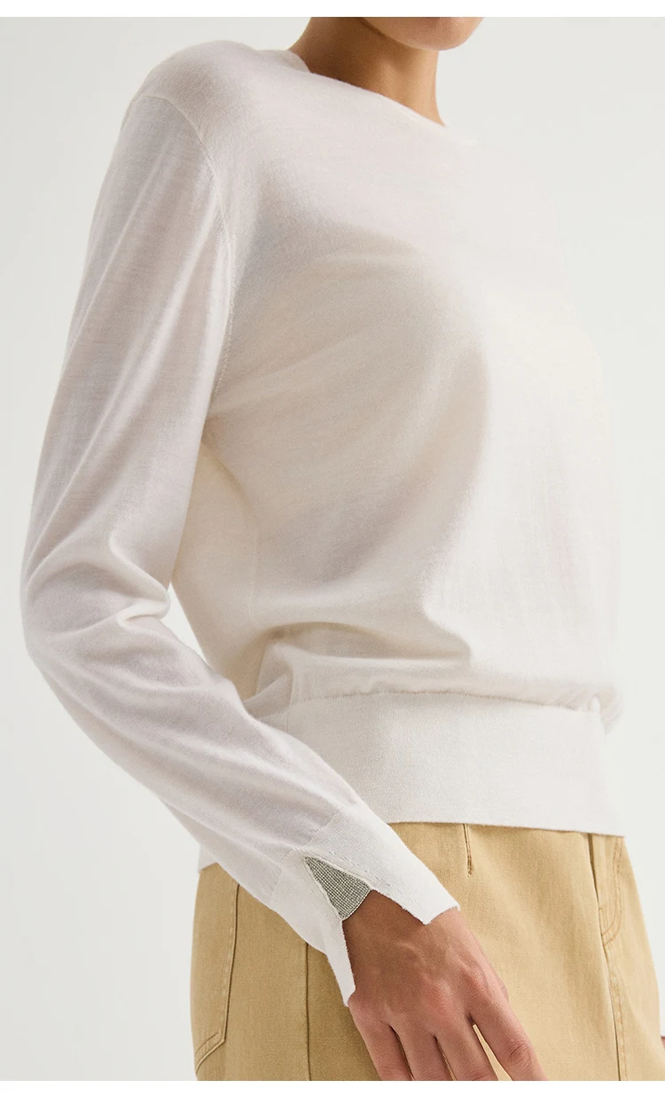BY3621740 Damen-Pullover mit Rundhalsausschnitt, 100% Wolle, Feinstrick, Langarm, Manschettenschlitz, Kettenabzeichen, entspannte Passform, Bürokleidung, Frühherbst – Detail 4
