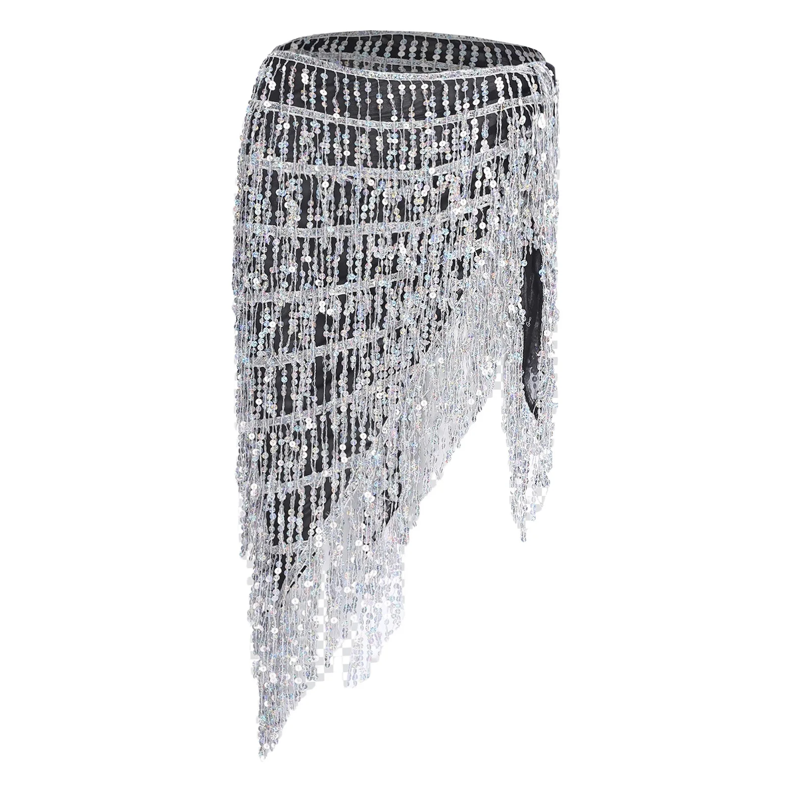 

Womens Belly Dance Skirt Sequined Tassel Hip Scarf Tying One Piece Irregular Cover Up Skirt for Chacha Latin Spanish Dance