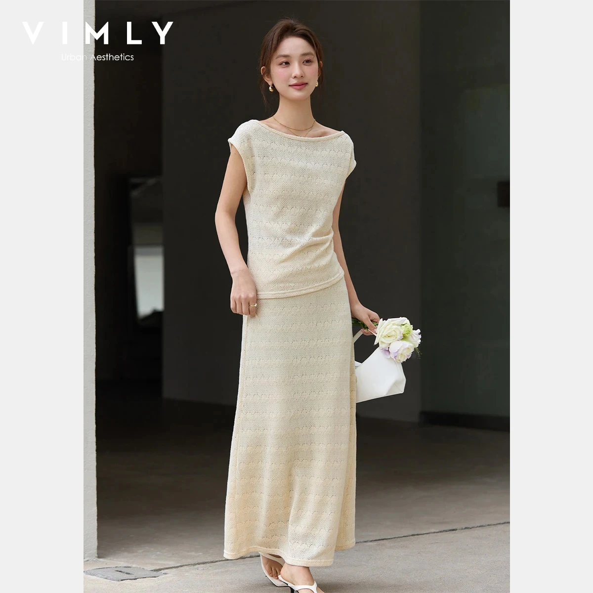 

VIMLY Women's Elegant Beige Lace Crochet Knit Two-Piece Set 2026 Summer New Off Shoulder Flutter Sleeve Top Maxi Skirt Set 30600