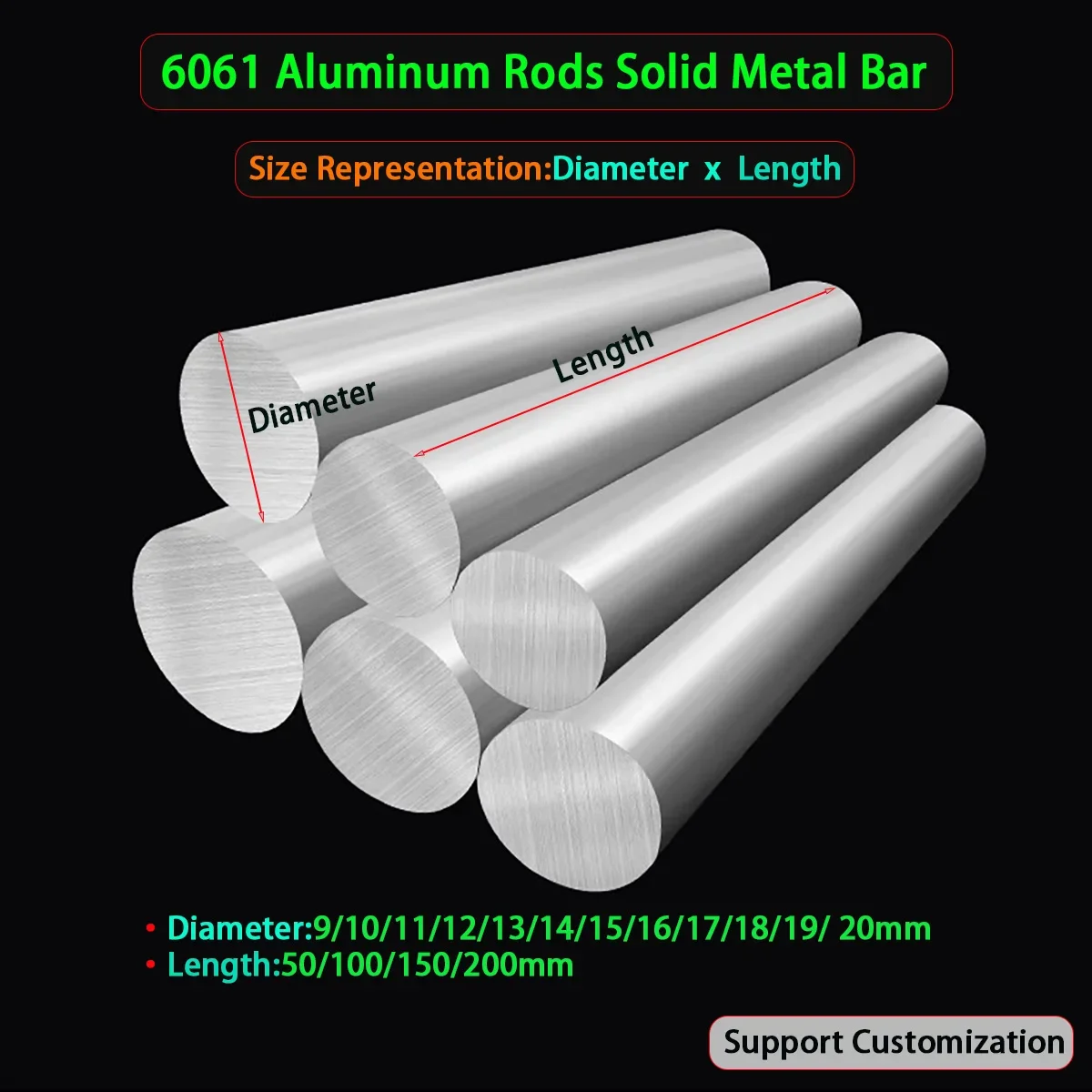 

6061 Aluminum Round Bar T6 Lathe Solid Rods Metal Metalworking Dia9/10/11/12/13/14/15/16/17/18/19/ 20mm Length50/100/150/200mm