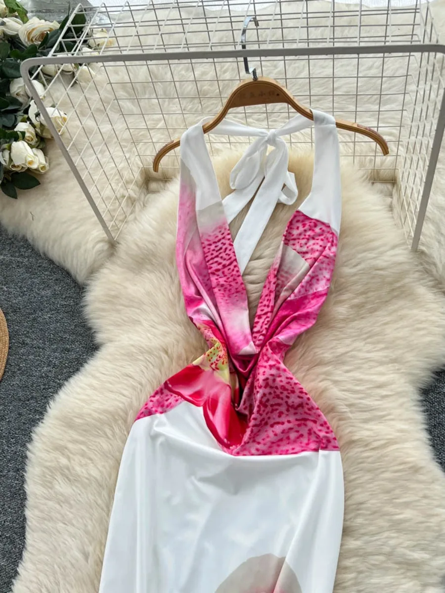 Foamlina ファッション V ネックフラワープリントホルタードレス女性の夏ディープ V カウルネック背中の開いたボディコン美しいマキシドレス