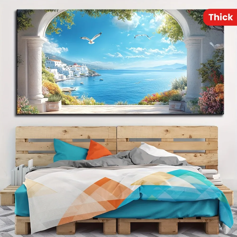 

1.5 inch thick pine frame, panoramic seaside Santorini landscape painting,bedroom,living room,wall trim, home and dormitory trim