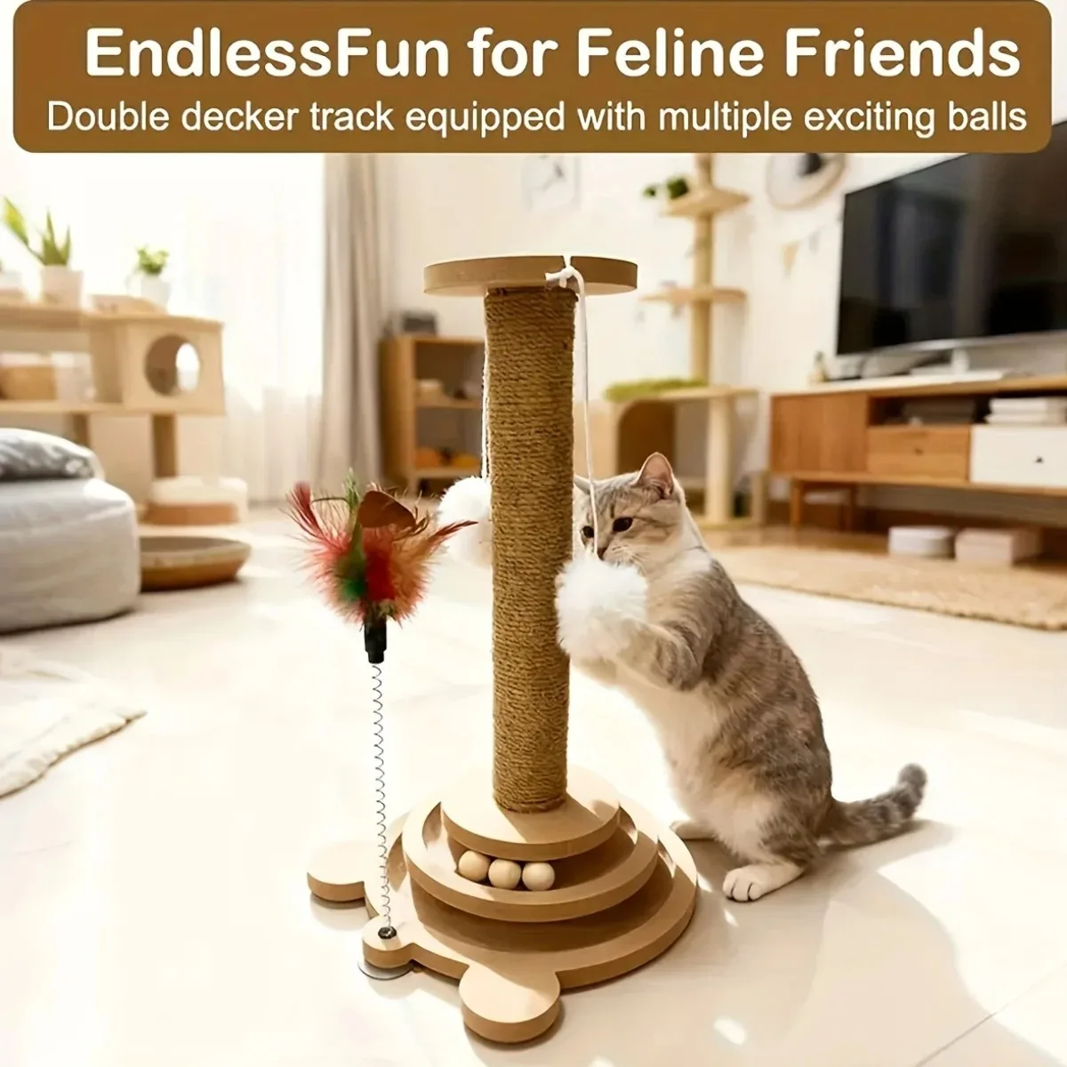

Wall-Mounted Cat Scratcher 4-in-1 – Sisal Post, Teaser Wand, Ball & Turntable for Active Cats