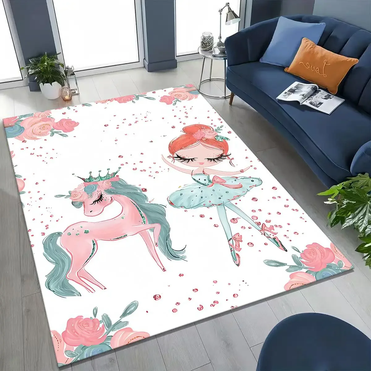 Elegant Ballet Dacing Girl Ballerina Cartoon Carpet Rug for Bedroom Living Room Sofa Home Doormat Decor,Kids Non-slip Floor Mat