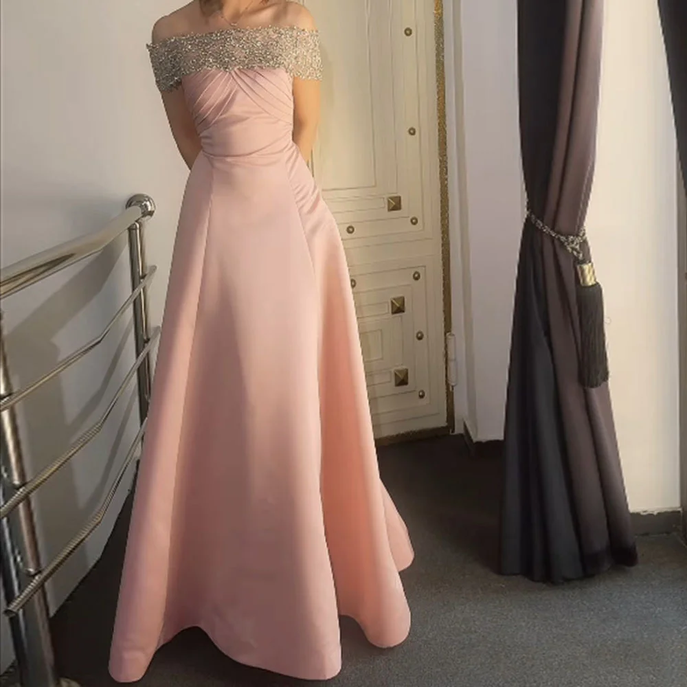 

Customized A-line Evening Dresses Floor-length Off The Shoulder Sleeveless Prom Gown Fashion Crystal Pleat Backless Party Gown