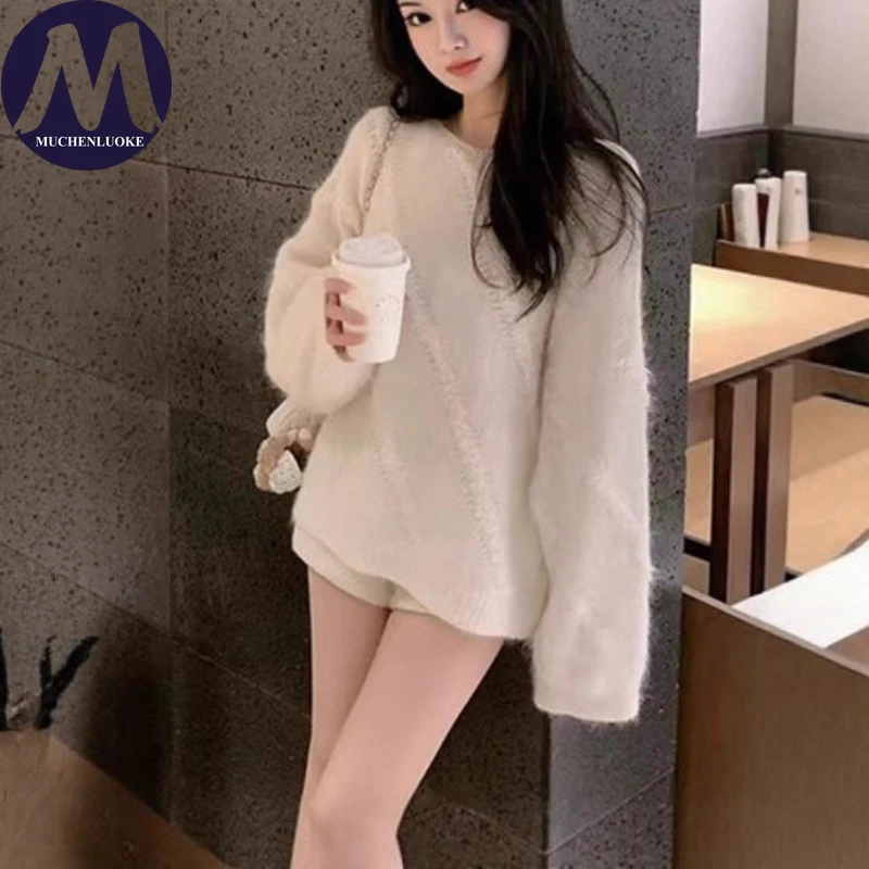 

Sweater for Woman Autumn Winter New Elegant Long Sleeves O Neck Knitted Sweater Korean Fashion Casual Loose Thick Warm Pullovers