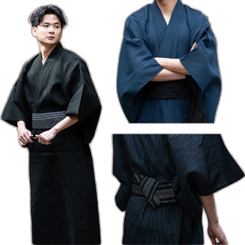 Japanese Traditional Samurai Kimono For Men Yukata Bathing Robe Hekoobi Loose Style Sauna Wear Homewear Belt Long Gown Cotton