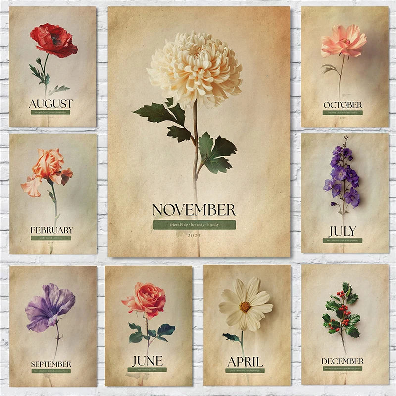 (2D Canvas Painting) Retro Birth Flower Posters Vintage Floral Prints Canvas Painting Wall Art Pictures Home Bedroom Room Dec