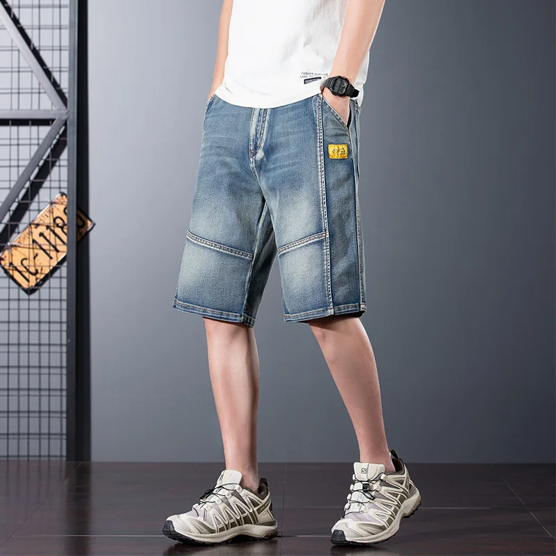 Summer Lightweight Patchwork Loose Straight Denim Shorts Men's 5-Pocket Plus Size Casual Versatile