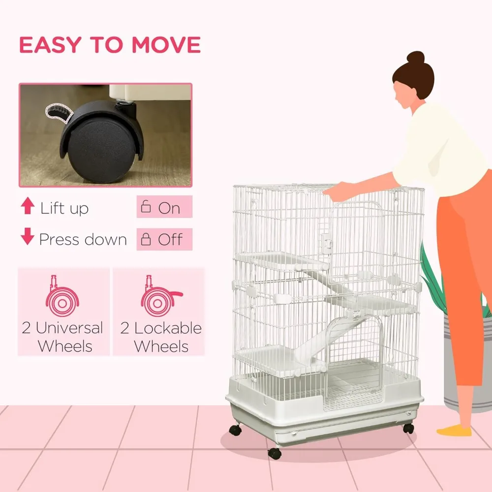 4-Level Small Animal Cage Rabbit Hutch with Wheels, Removable Tray, Platform and Ramp for Bunny, Chinchillas, Ferret, White