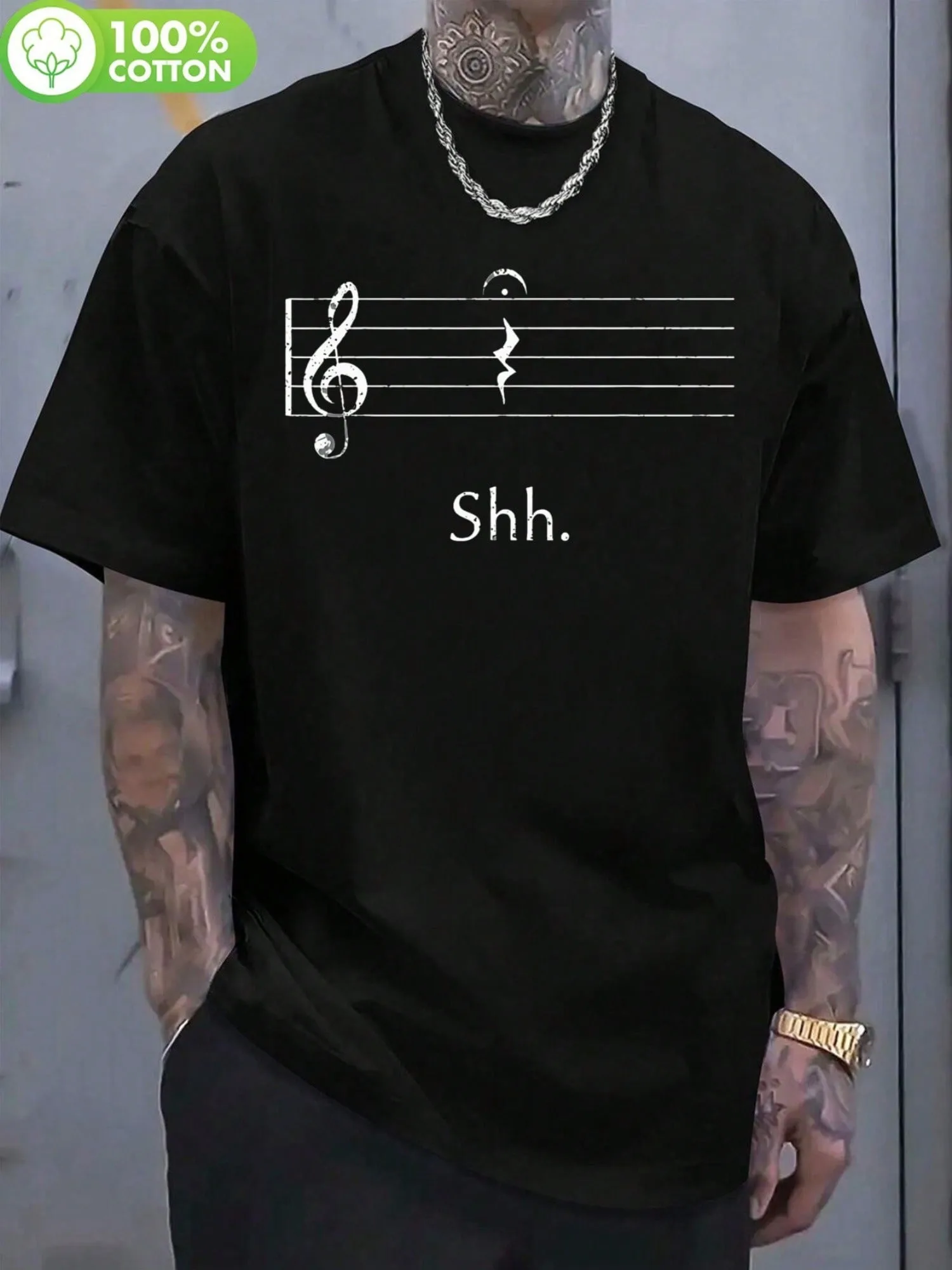 

Music Note Graphic T-Shirt - Casual Black Cotton Tee With Quarter Rest Fermata Design Short Sleeves