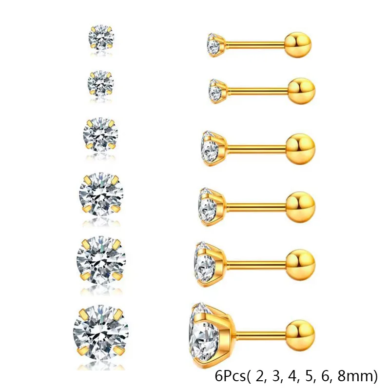 2/6/12 Pcs 20G Stainless Steel Stud Earrings, Screw Back Barbell Earring Studs Cubic Zirconia Inlaid Cartilage Tragus Earrings