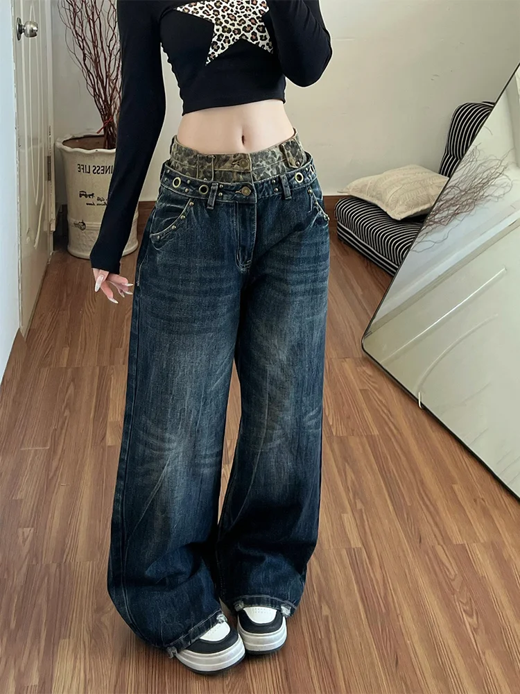 

plus Size American Retro Leopard Print Patchwork Double Waist Denim Pants Women's Autumn Winter Loose Wide Leg Jeans Casual S...