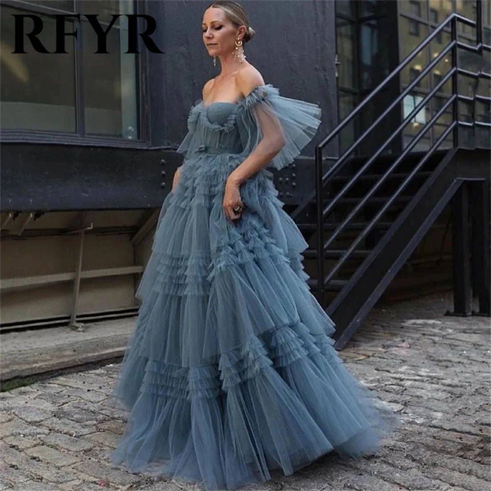 

RFYR Navy Blue Prom Dress Strapless Tiered Evening Dress Off The Shoulder Layered Tulle فستان سهرة with Sheer Corset Party Dress